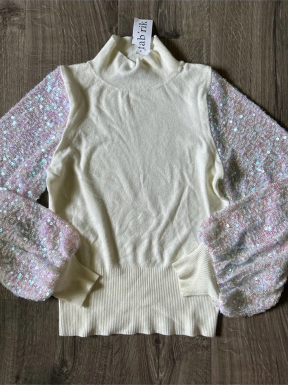 fab'rik Cream Turtleneck Sweater with Pink Sequin Puff Sleeves